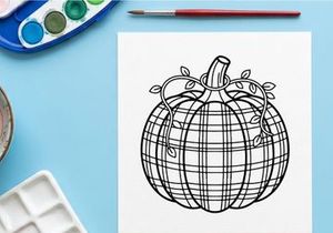Plaid pumpkin line art illustration. Autumn harvest vegetable drawing with tartan pattern.