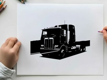Silhouette of a large truck on the road with a scenic view