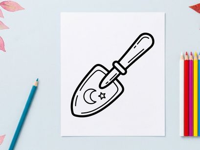 Pala de Halloween dibujada a mano con luna y estrella. Herramienta de jardinería de dibujos animados espeluznante para decoraciones estacionales y manualidades.