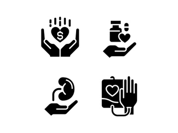 Donation to healthcare organizations black glyph icons set preview picture