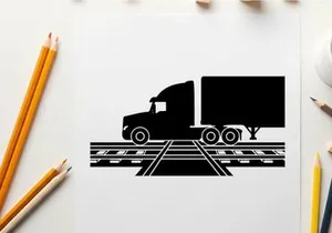 Silhouette of a semi truck on railroad tracks