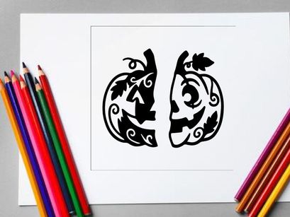 Decorative Halloween Pumpkin Face Illustration with Swirling Patterns
