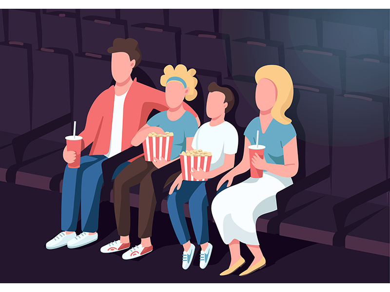Family in cinema flat color vector illustration