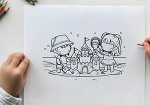 Kids building sandcastle beach fun flat design vector illustration