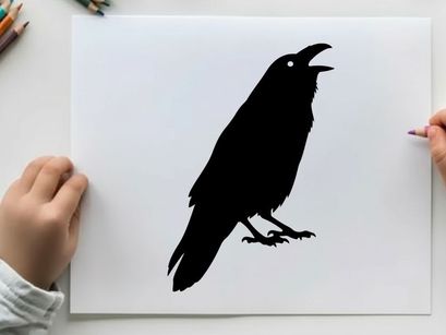 Silhouette of a black bird with open beak on white background
