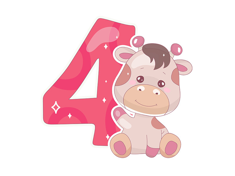 Cute four number with baby giraffe cartoon illustration
