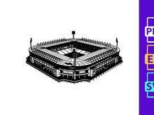 Black and white illustration of a large outdoor sports stadium with seating