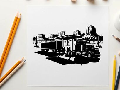 Silhouette of a semi truck parked in front of a building