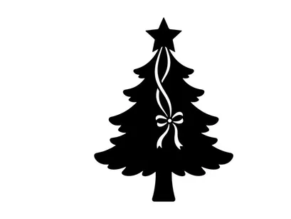 Silueta de árbol de Navidad negro con estrella y lazo en fondo blanco