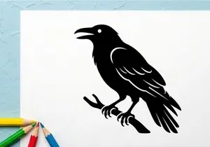 Silhouette of a Crow Sitting on a Branch in Black and White