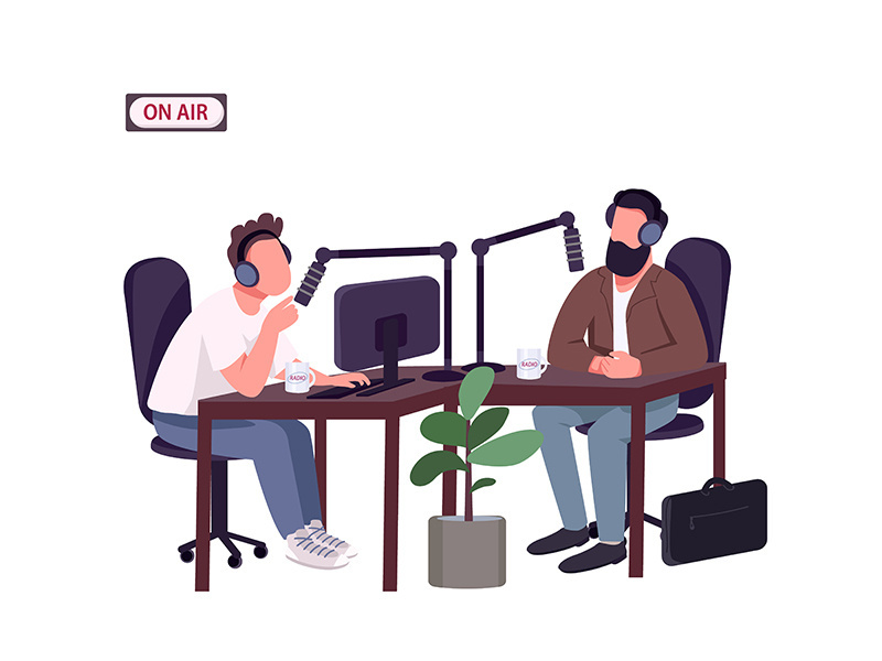 Radio show host and guest flat color vector faceless characters