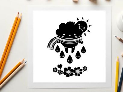 Silhouette of a smiling cloud with raindrops and flowers