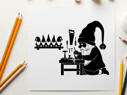 Silhouette of a gnome working at a workbench with penguins