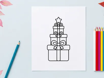 Christmas gift boxes stacked in tree shape with a star topper, black and white line art.