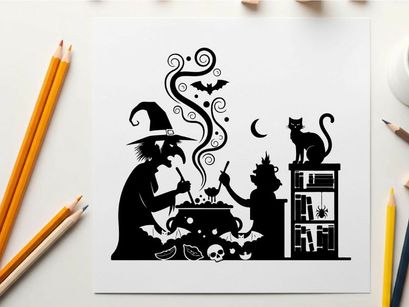 Silhouette of witch and child with cat brewing potion in spooky atmosphere