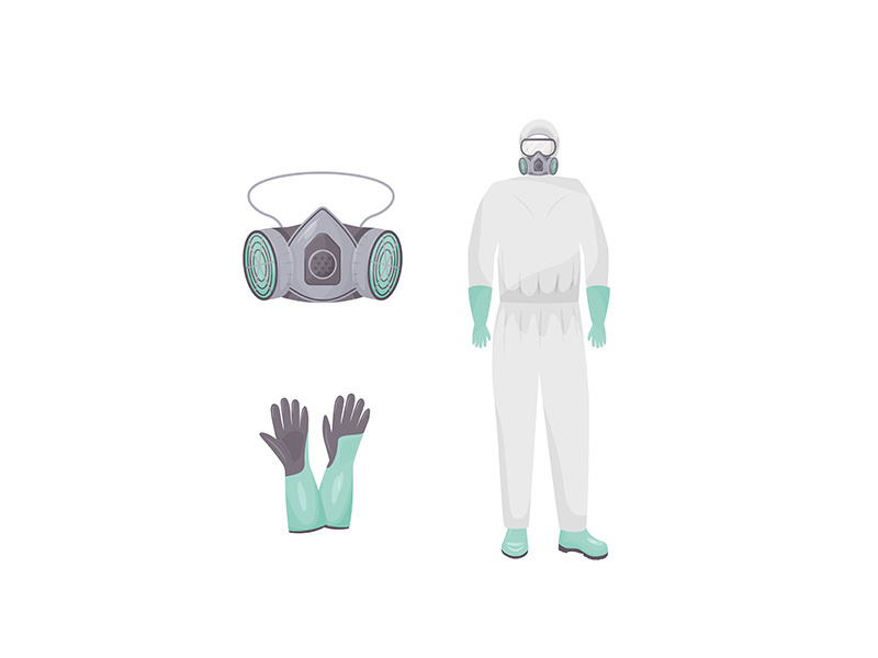 Protective suit and accessories flat color vector objects set