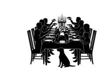 Silhouette of family and dog at dinner table with candelabra