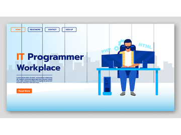 IT programmer workplace landing page vector template preview picture
