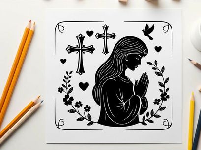 Praying silhouette of a woman with flowers and crosses