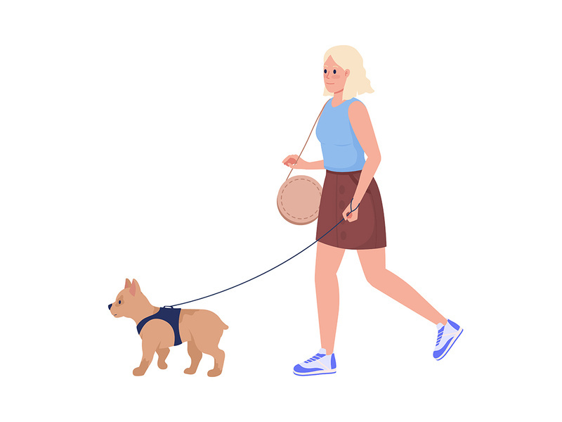 Young lady walking small dog on street semi flat color vector characters