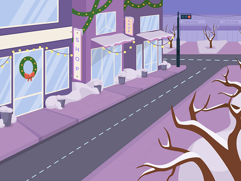 Winter city street flat color vector illustration