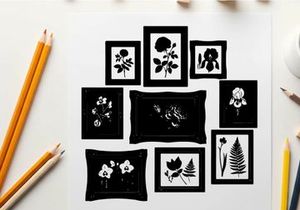 Collection of framed botanical silhouette artworks on white background