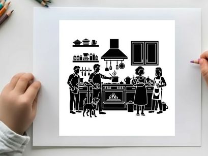 Family cooking together in kitchen silhouette