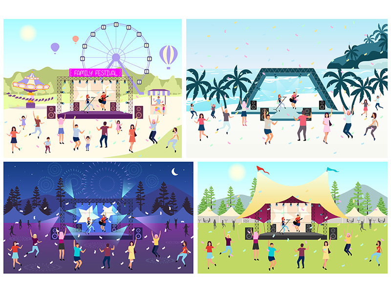 Music festival flat vector illustration set