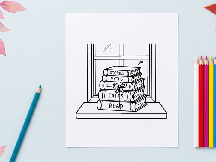 Stack of books with a bow on a windowsill, hand drawn black and white illustration.