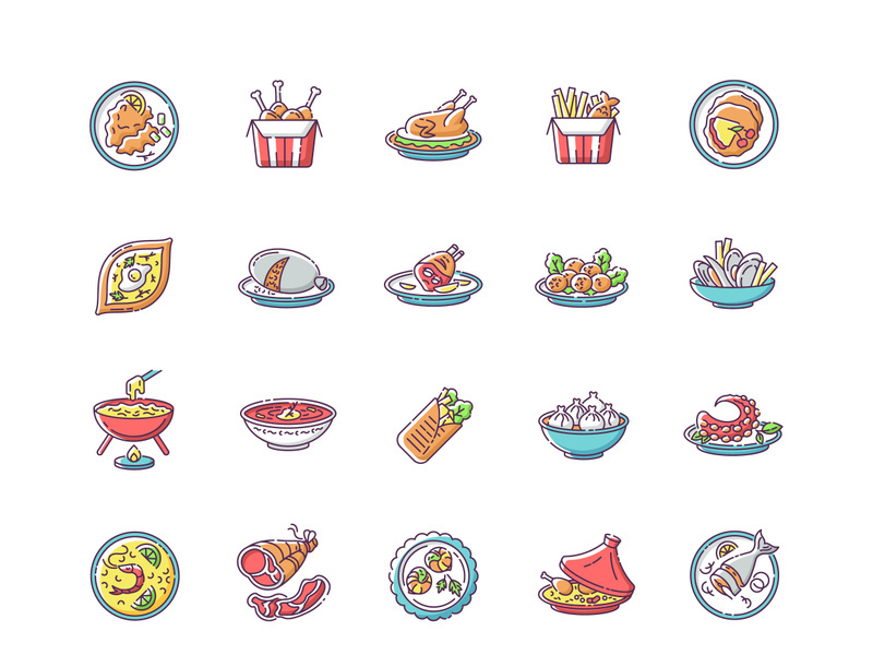 Best national dish RGB color icons set.