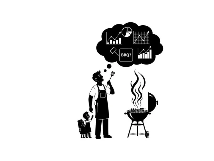 Silhouette of man grilling with dog and business graphs in thought