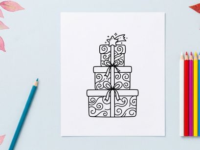 Stack of Christmas gift boxes with ribbons and star topper, black and white line art.