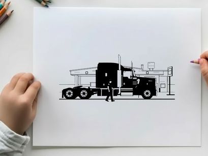 Silhouette of a man standing beside a large truck silhouette