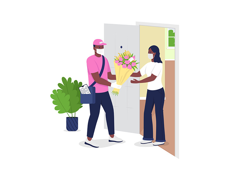 Delivery man in face mask give woman flowers flat color vector detailed characters