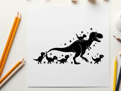 Silhouette of a t rex and its babies in space