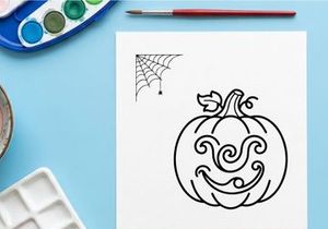 Halloween pumpkin coloring page. Festive jack-o-lantern line art for kids activity.