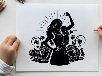 Empowered mother silhouette with child and floral elements