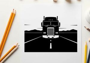 A silhouette of a semi truck driving down a deserted highway at sunset