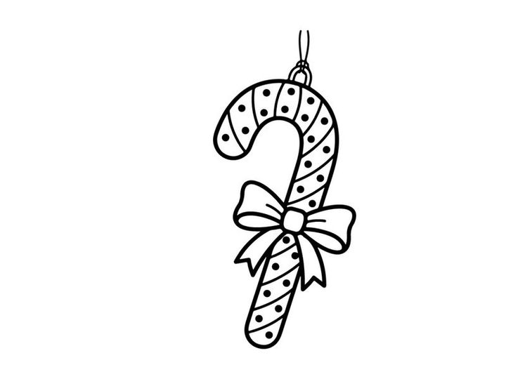 Christmas candy cane ornament line art illustration with a decorative bow for coloring page