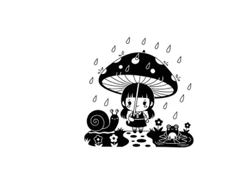 Little girl under a mushroom silhouette on a rainy day preview picture