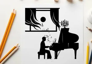 Silhouette of a man playing piano by window at night