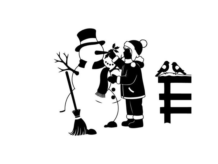 Silhouette of snowman and girl with broom and birds