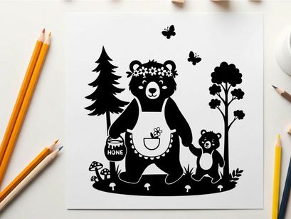 Mother bear silhouette with flower crown and apron