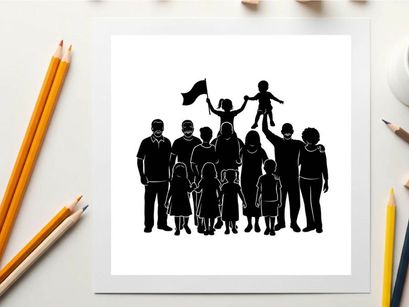 Silhouette of a diverse family with a child on father's shoulders waving a flag
