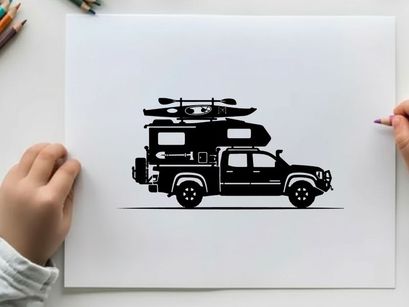 Silhouette of a truck with kayak and tent on top for outdoor adventure