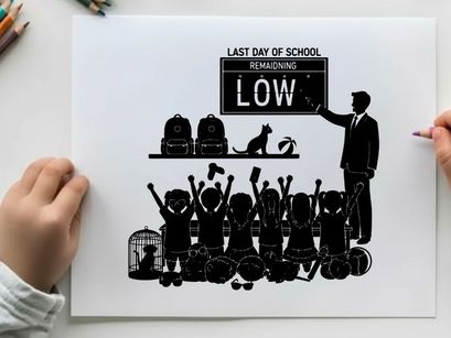 Silhouette of teacher and students on last day of school with cat