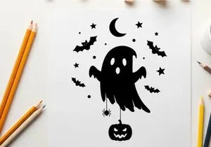 Halloween silhouette of a ghost with bats and pumpkin