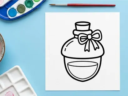 Potion bottle line art icon. Magic elixir flask with a bow for Halloween design.