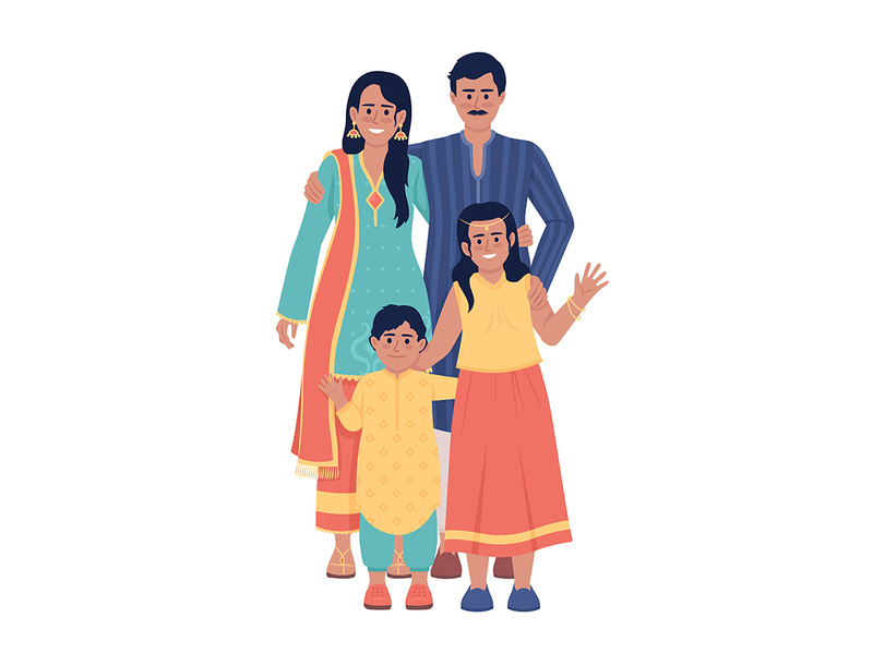 Family wearing indian ethnic outfits semi flat color vector characters