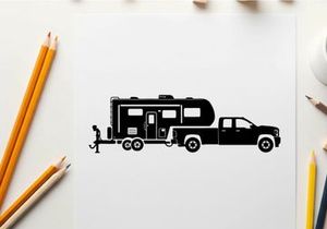 Silhouette of a pickup truck towing a large rv